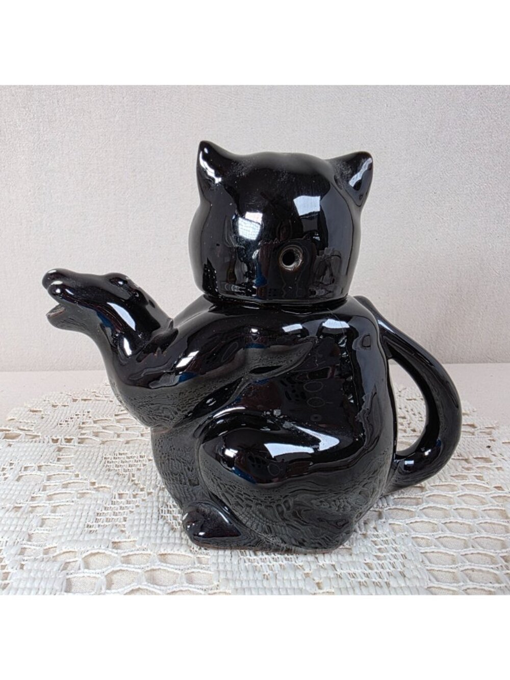 Vintage Shafford Redware Black Cat Teapot With Red & White Painted Details - 5" - Picture 4 of 8